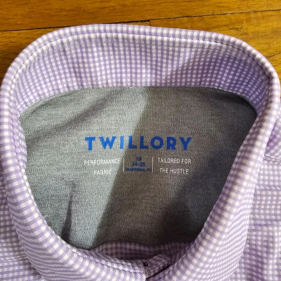 Twillory Men's Gingham Performance Dress Shirt Purple White 15 - Picture 3 of 7
